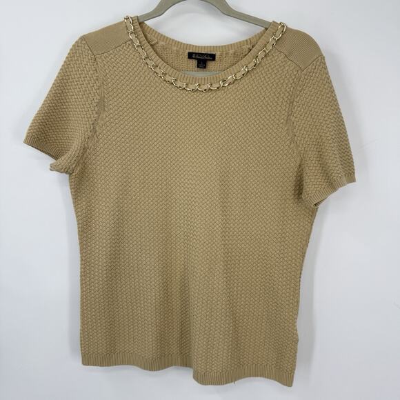 Brooks Brothers Short Sleeve Sweater Women Size Large Beige Knit Chain Trim - Picture 4 of 10